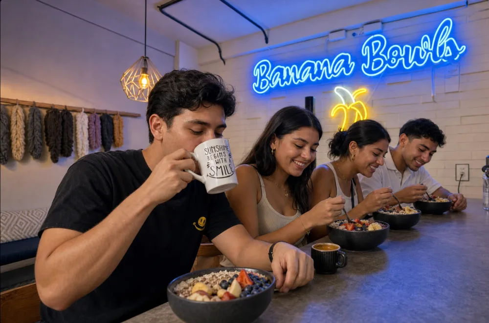 Friends enjoying açaí bowls and coffee at Miko's Banana Bowls