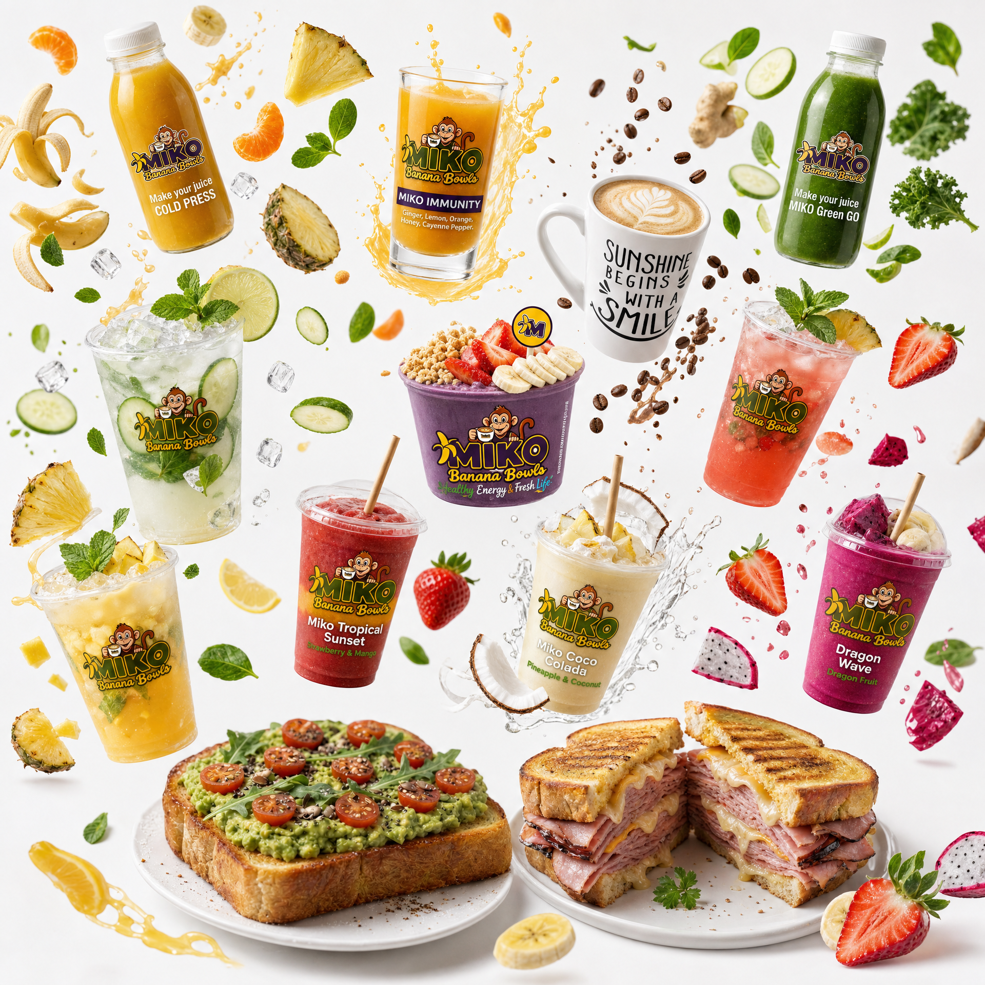 Miko menu lineup — bowls, smoothies, juices and sandwiches